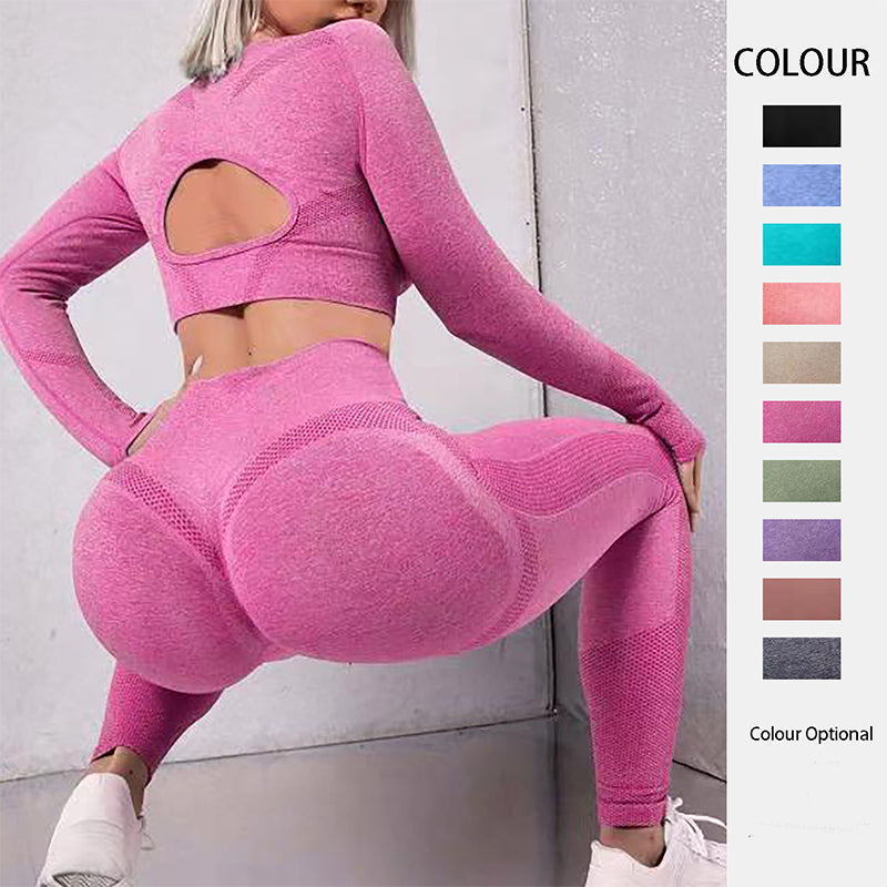 2pcs Sport Suit Long Sleeve Tops And Butt Lifting High Waist Seamless Gym Fitness Leggings