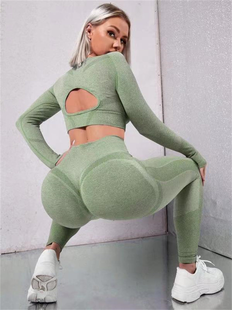 2pcs Sport Suit Long Sleeve Tops And Butt Lifting High Waist Seamless Gym Fitness Leggings