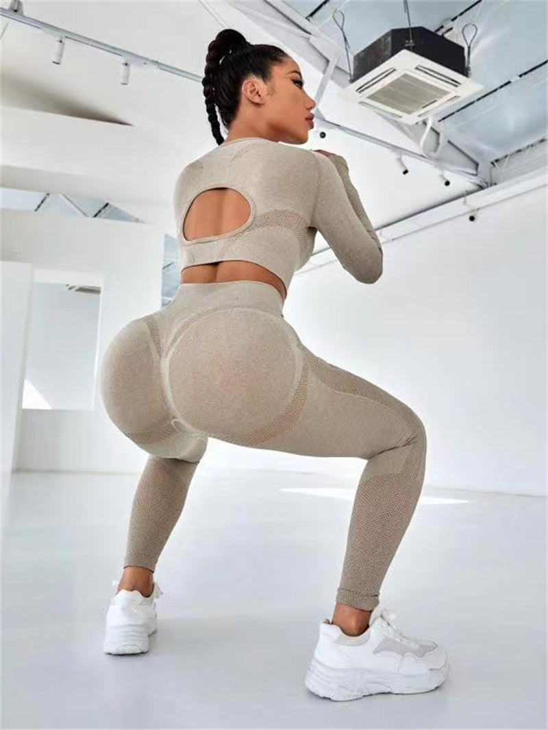 2pcs Sport Suit Long Sleeve Tops And Butt Lifting High Waist Seamless Gym Fitness Leggings